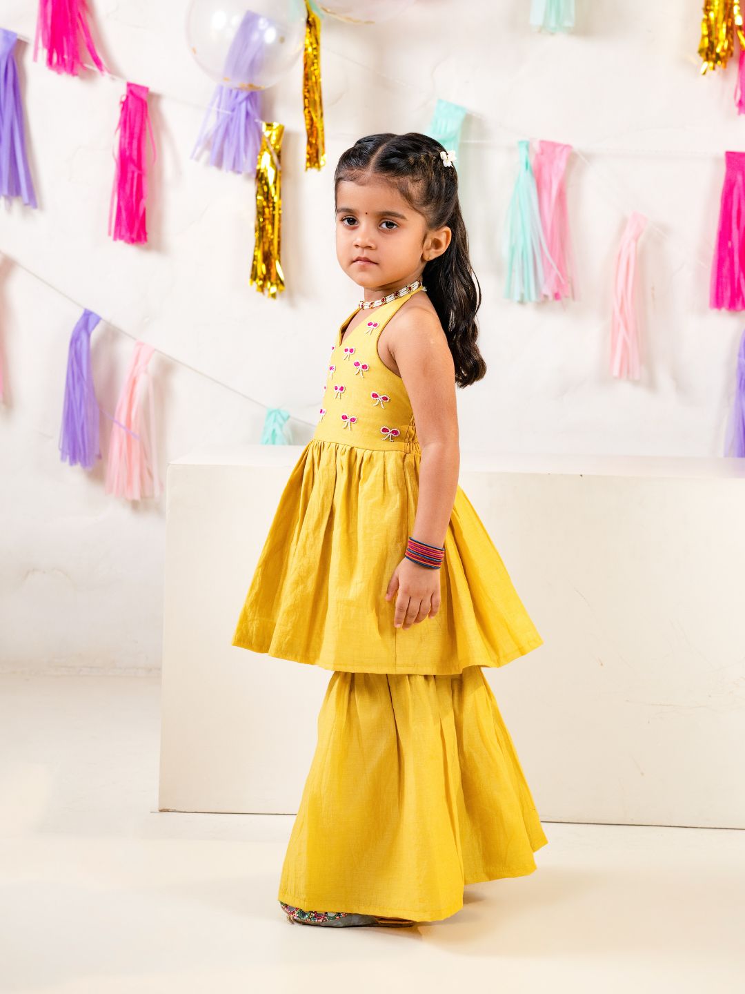 Girls Yellow Festive Halter Neck Sharara Co-Ord Set (Set of 2)