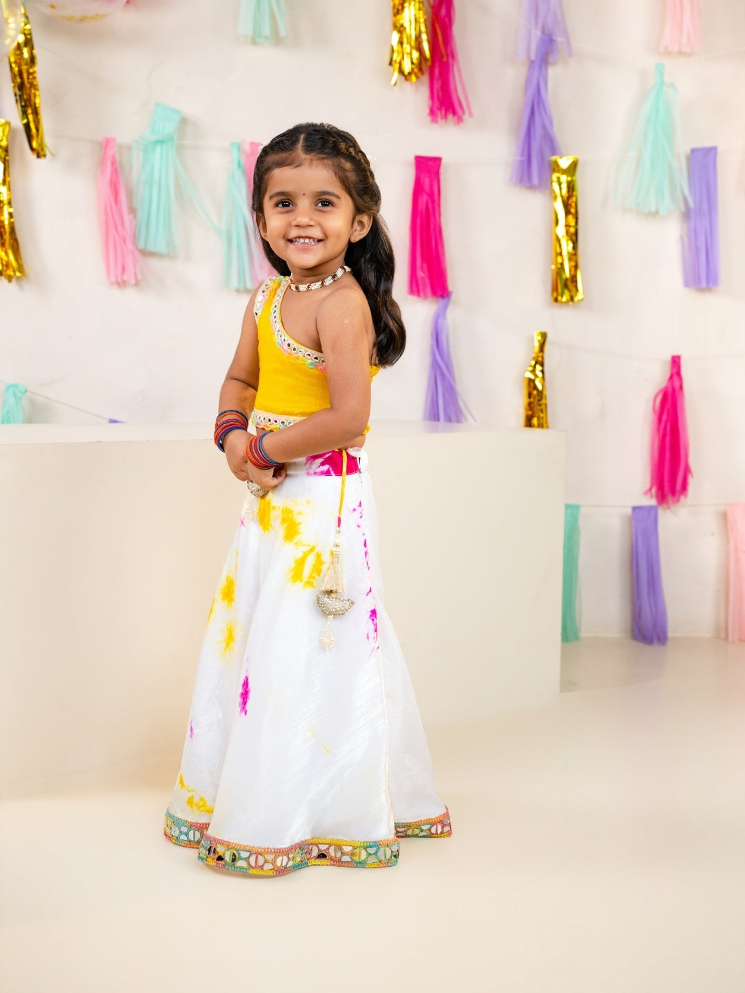 Girls Yellow One Shoulder Blouse with Tie-Dye Lehenga Set (Set of 2)