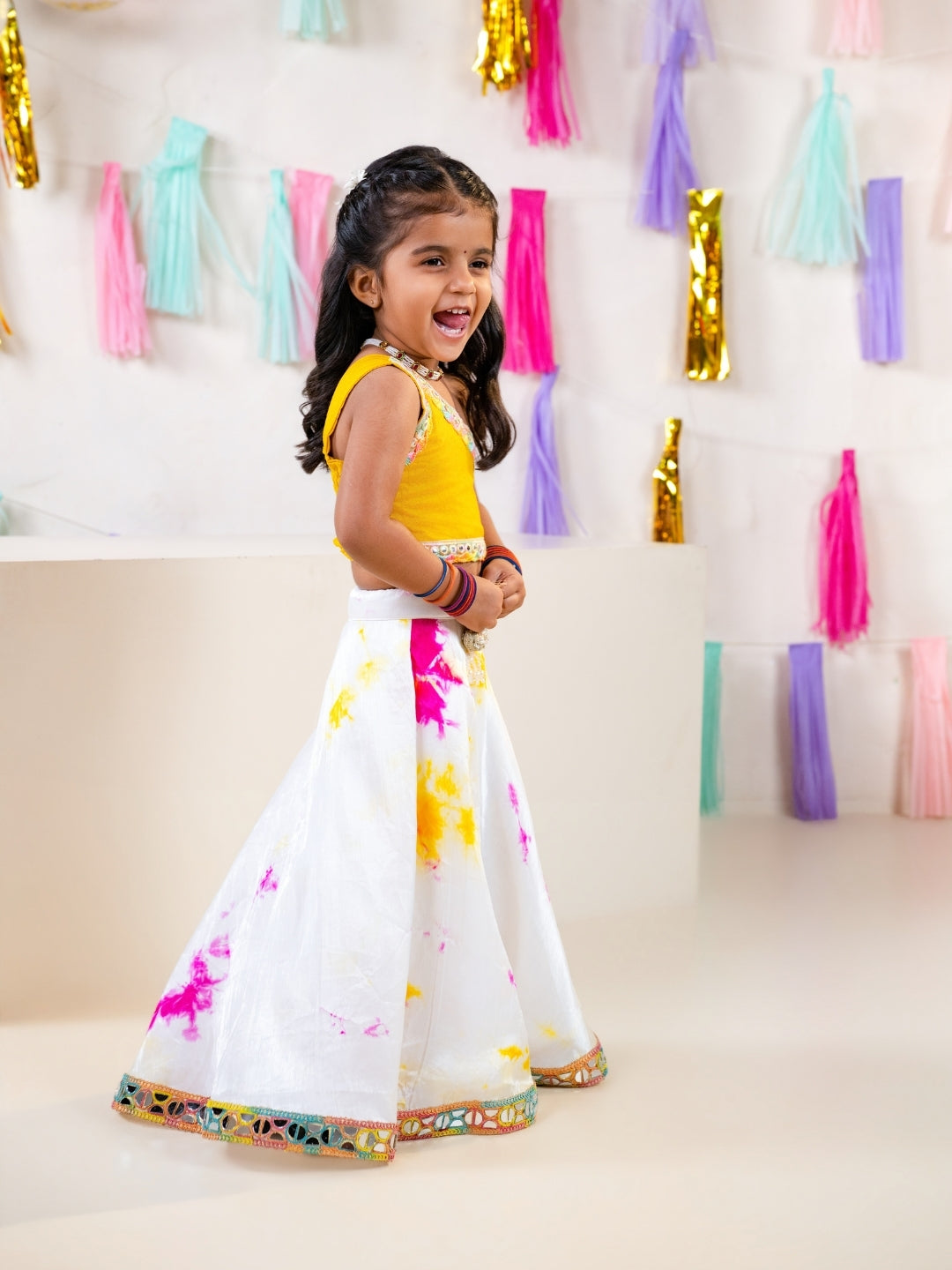 Girls Yellow One Shoulder Blouse with Tie-Dye Lehenga Set (Set of 2)