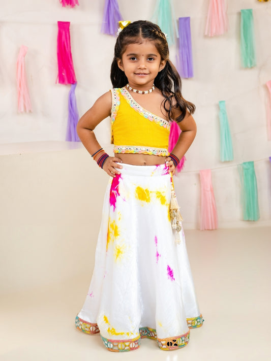 Girls Yellow One Shoulder Blouse with Tie-Dye Lehenga Set (Set of 2)