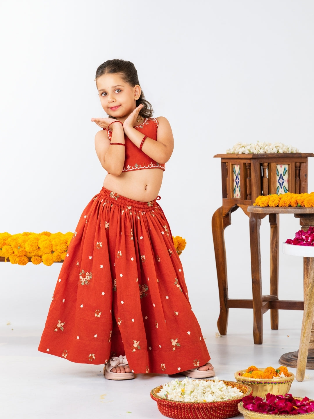 Boys Rust Orange Kurta Pant & Girls Lehenga Matching Sibling Outfit