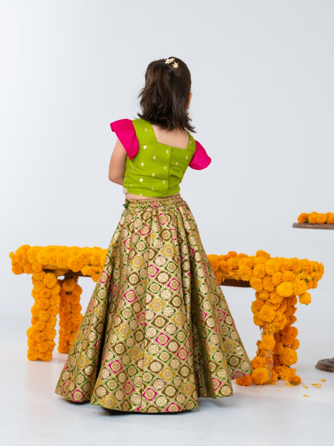 Boys Green Kurta & Girls Brocade Lehenga Sibling Set