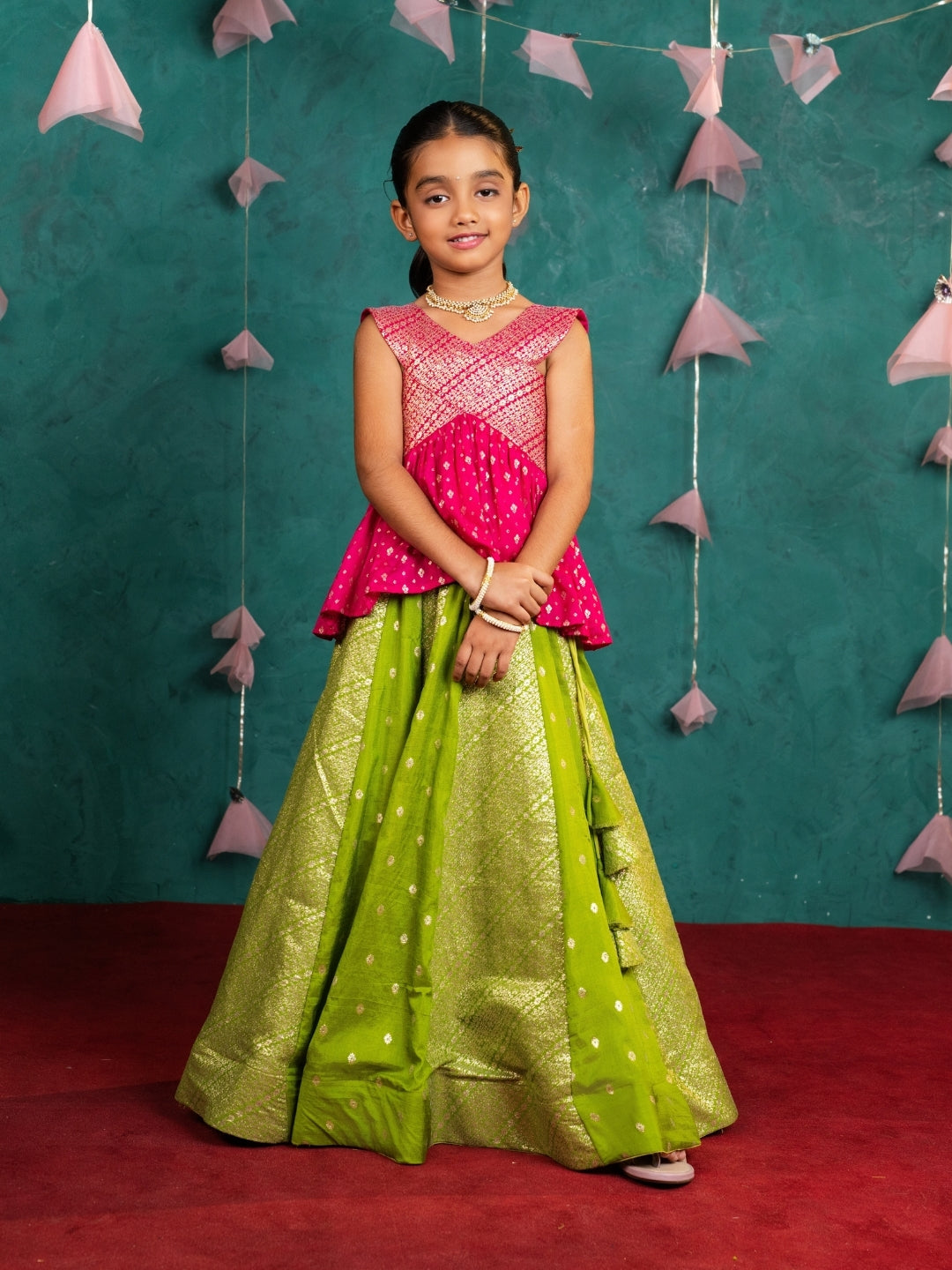 Boys Light Green Kurta & Girls Peplum Lehenga Sibling Combo