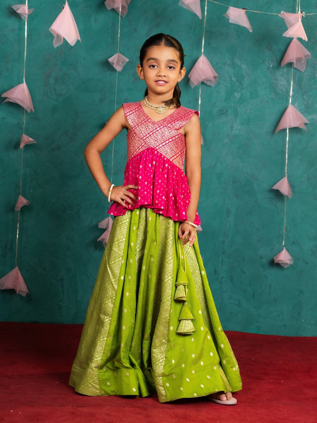 Boys Light Green Kurta & Girls Peplum Lehenga Sibling Combo