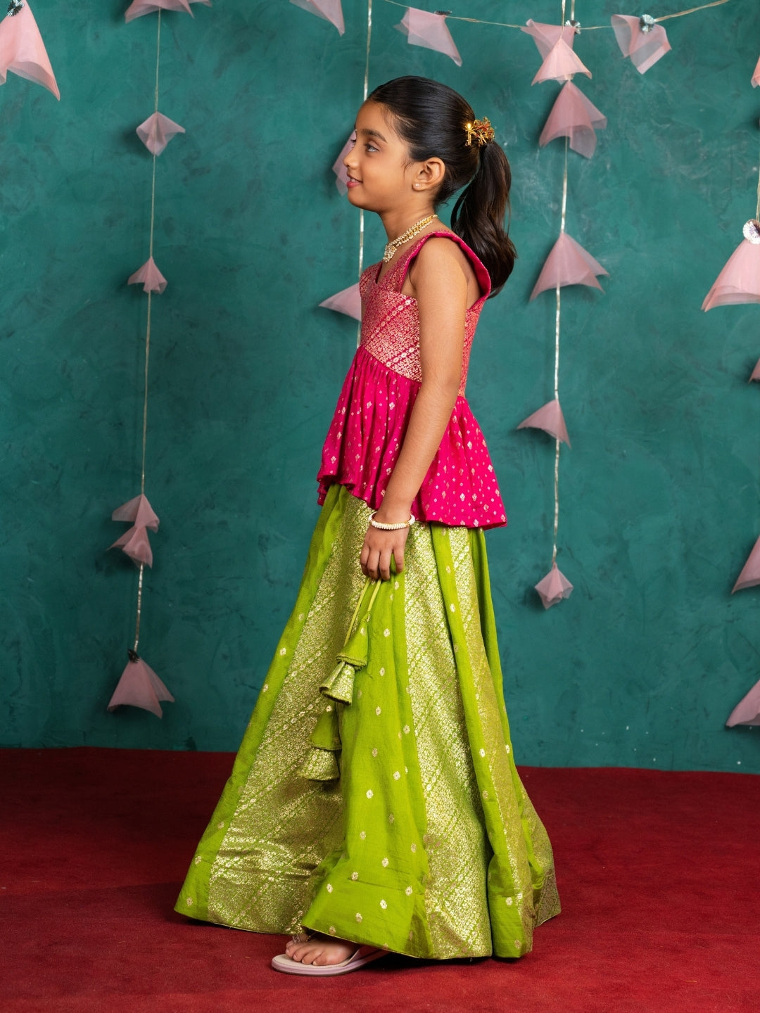Boys Light Green Kurta & Girls Peplum Lehenga Sibling Combo