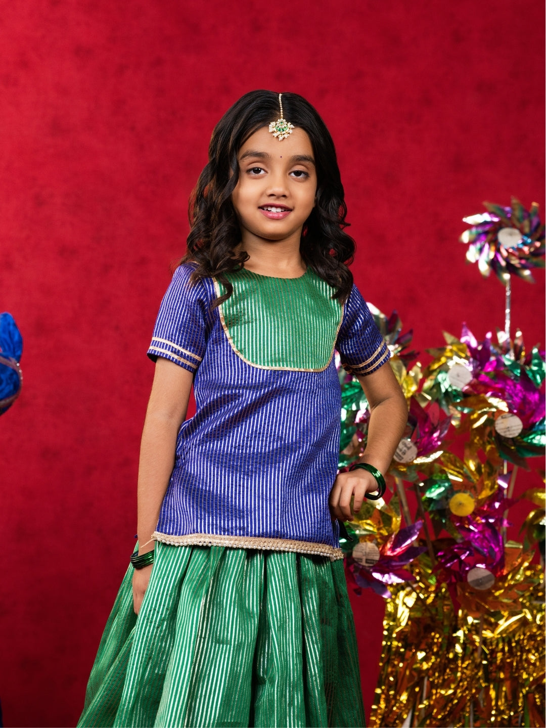 Girls Royal Blue Top with Green Lehenga Set (Set of 2)