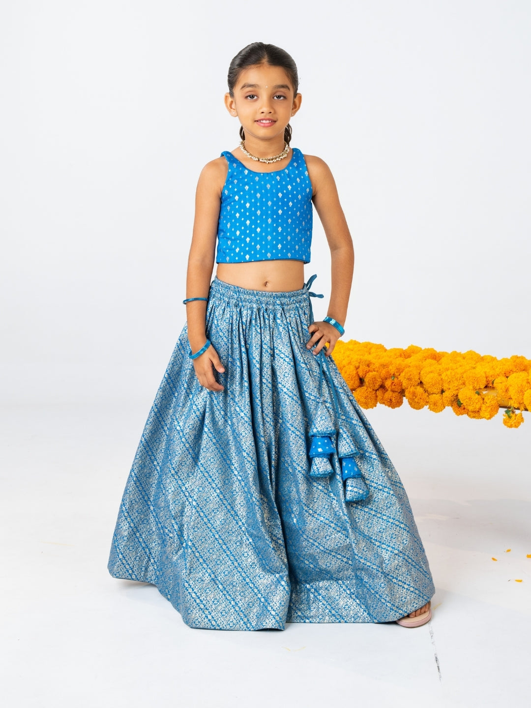 Boy's Blue Kurta Set with Girls Top with Zari Lehenga Set