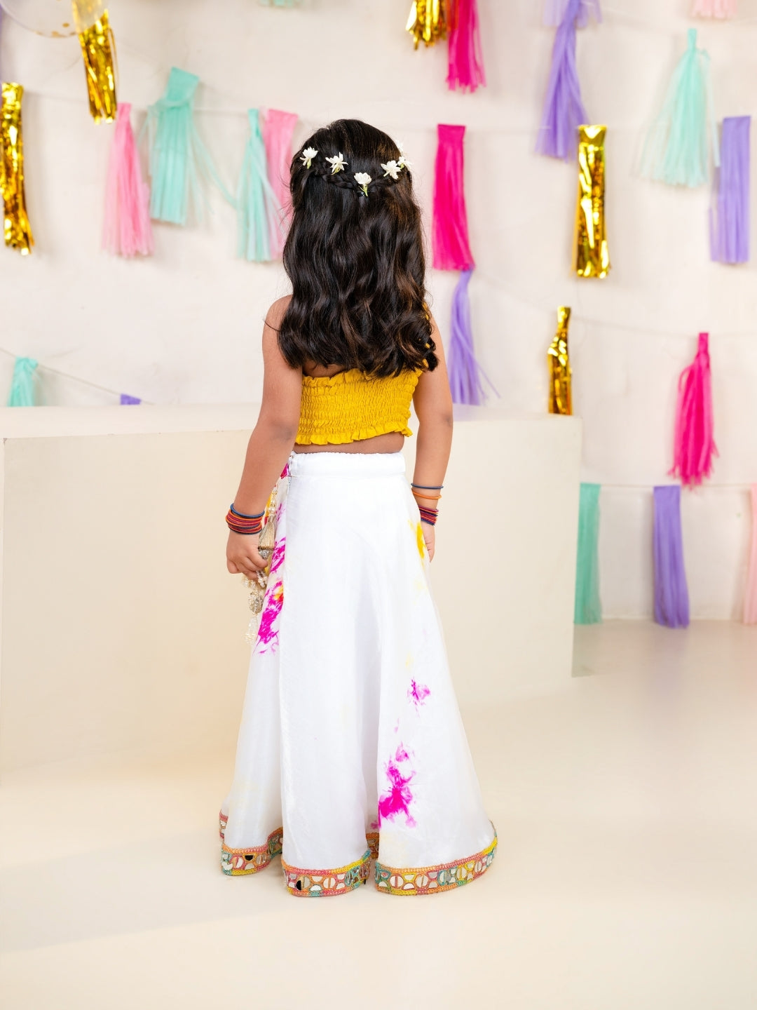 Girls Yellow One Shoulder Blouse with Tie-Dye Lehenga Set (Set of 2)