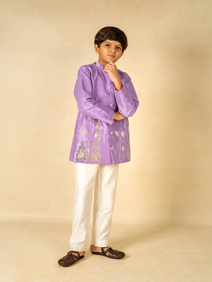 Purple Sibling Ethnic Outfit Boy Kurta Set and Girl Lehenga