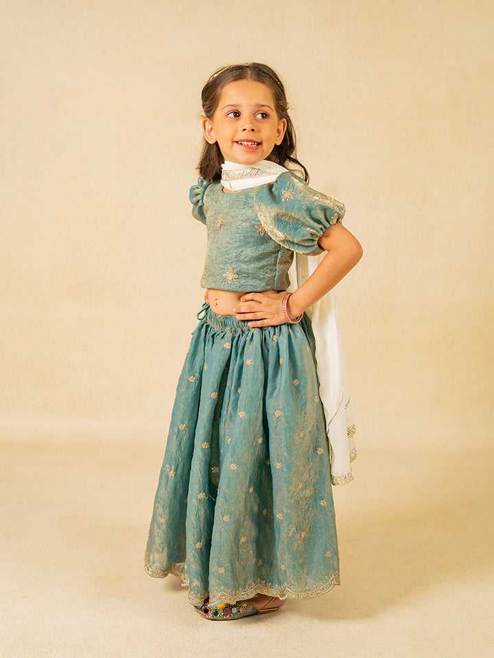 Girls Fendy Crush Blue Top and  Lehenga with Georgette Dupatta (Set of 3)