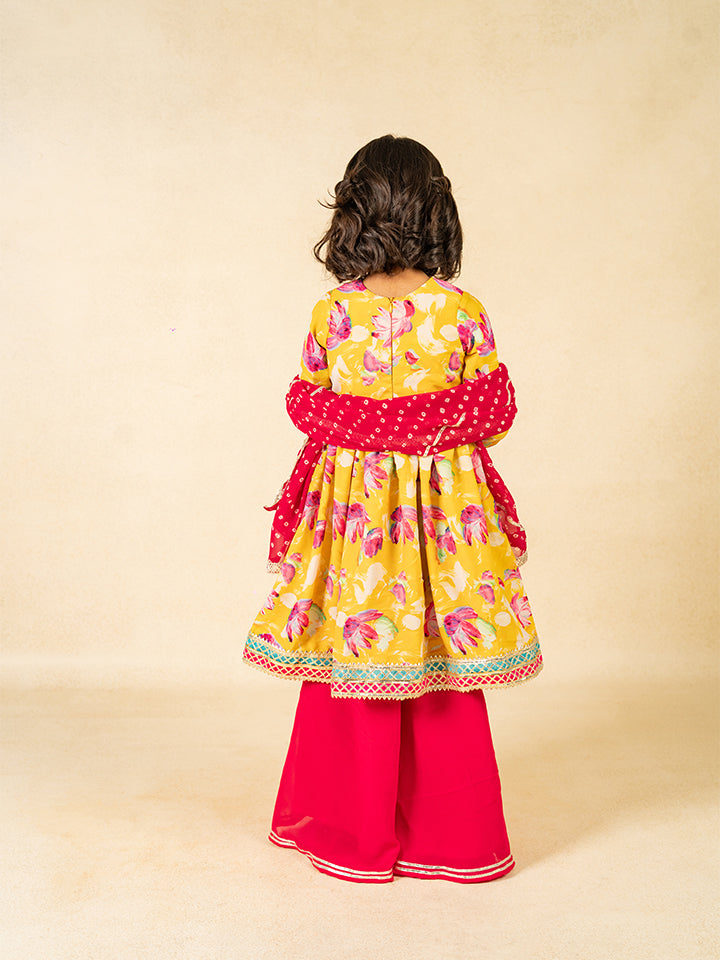 Girls Yellow Anarkali Top and Palazzo with Dupatta (Set of 3)