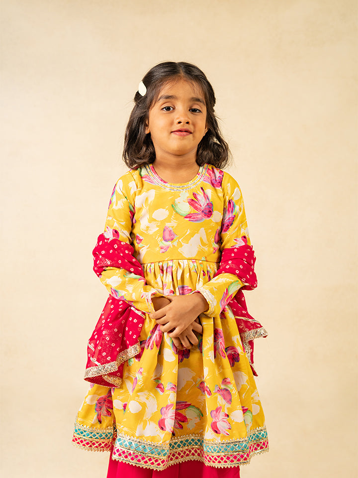 Girls Yellow Anarkali Top and Palazzo with Dupatta (Set of 3)