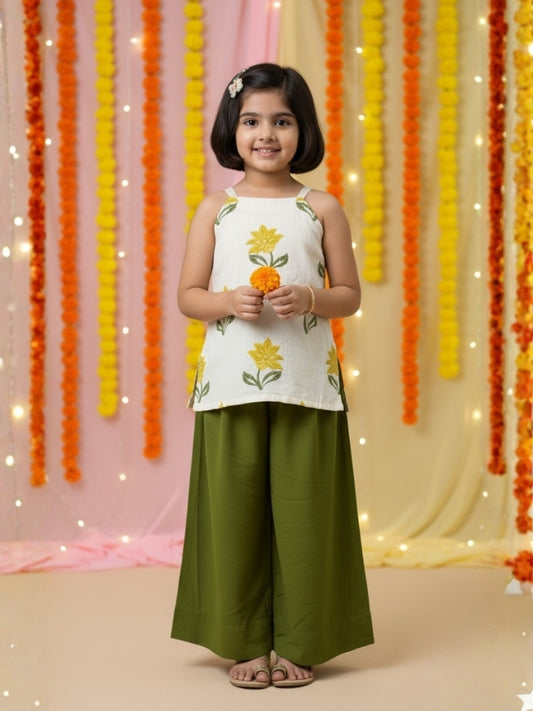 Girls White Top and Green Palazzo (Set of 2)