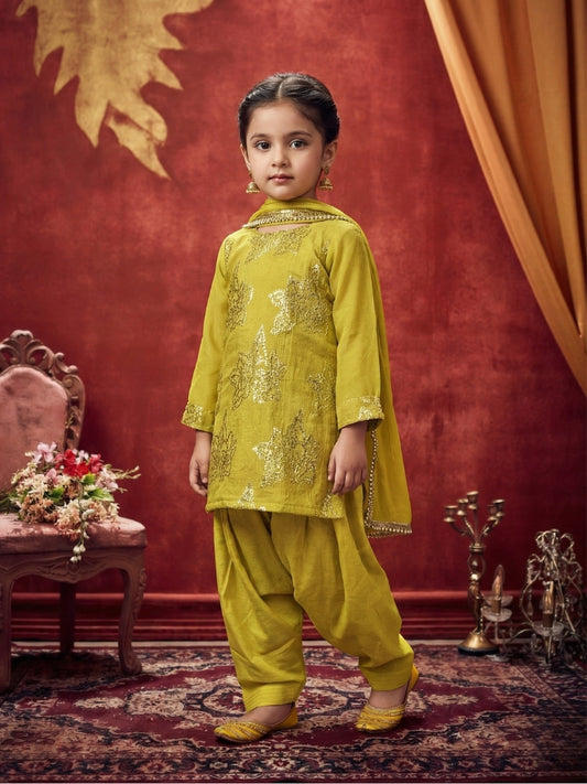 Girls Lemon Yellow Cotton Salwar Kurti with Dupatta (Set of 3)