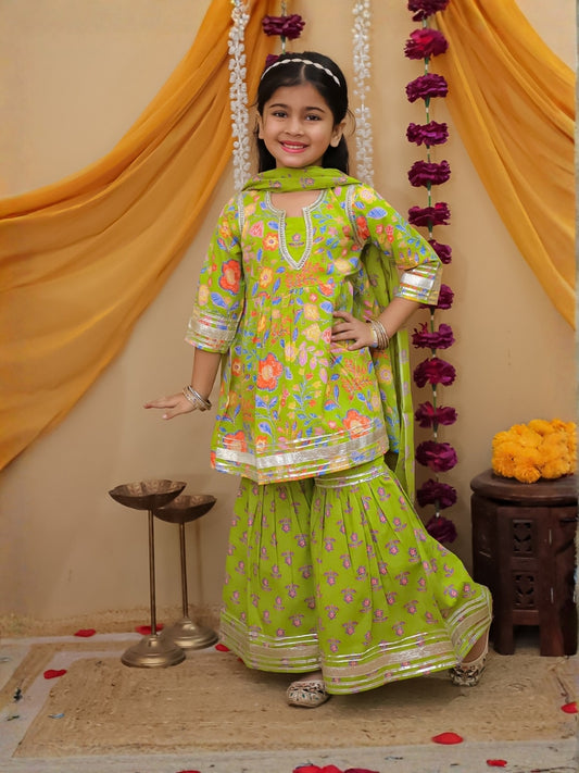 Girls Green Printed Cotton Anarkali Sharara Set with Dupatta (Set of 3)