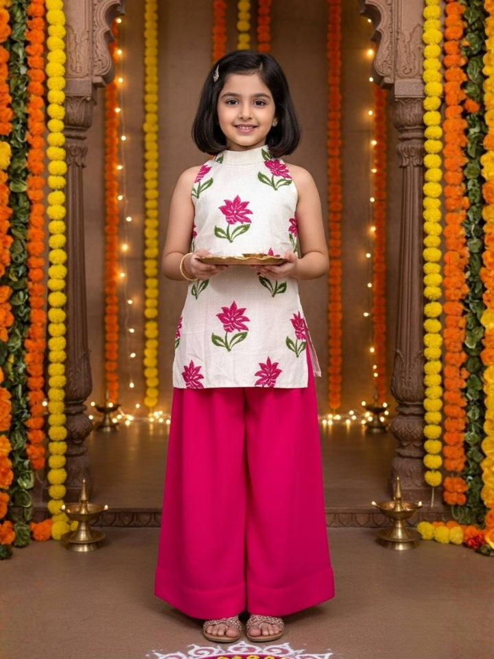 Girls White Top and Pink Palazzo (Set of 2)