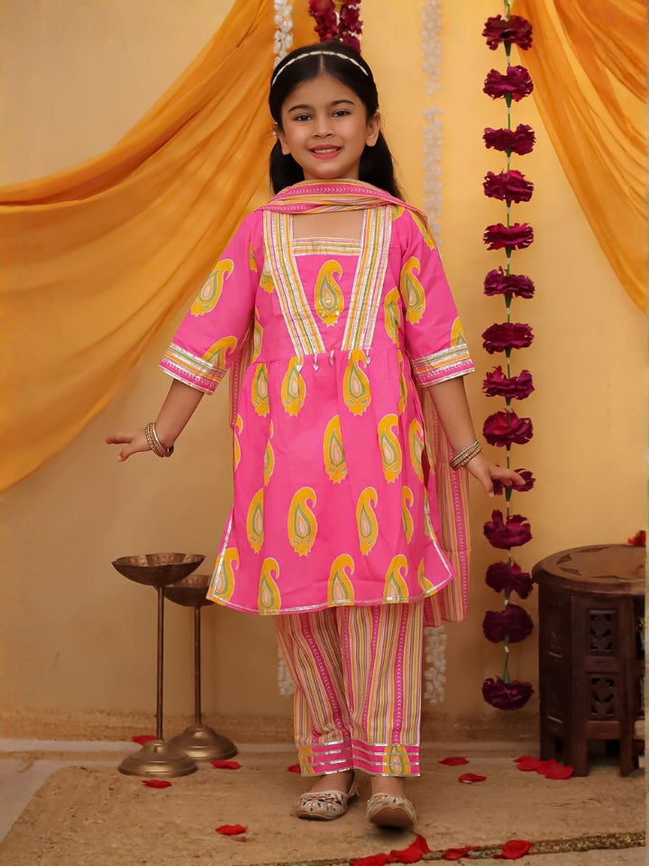 Girls Pink Hand Embroidered Cotton Kurti with Pant and Dupatta (Set of 3)