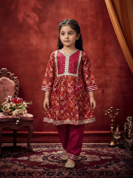 Girls Red Anarkali Kurti with Pant (Set of 2)