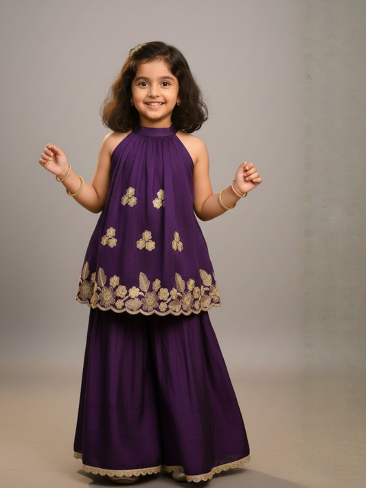 Girls Embroidered Purple Flared Top and Palazzo (Set of 2)