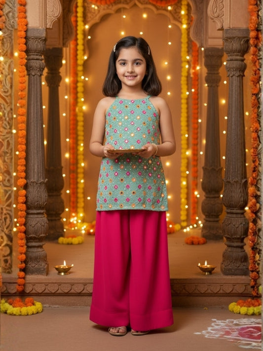 Girls Green Top and Pink Palazzo (Set of 2)