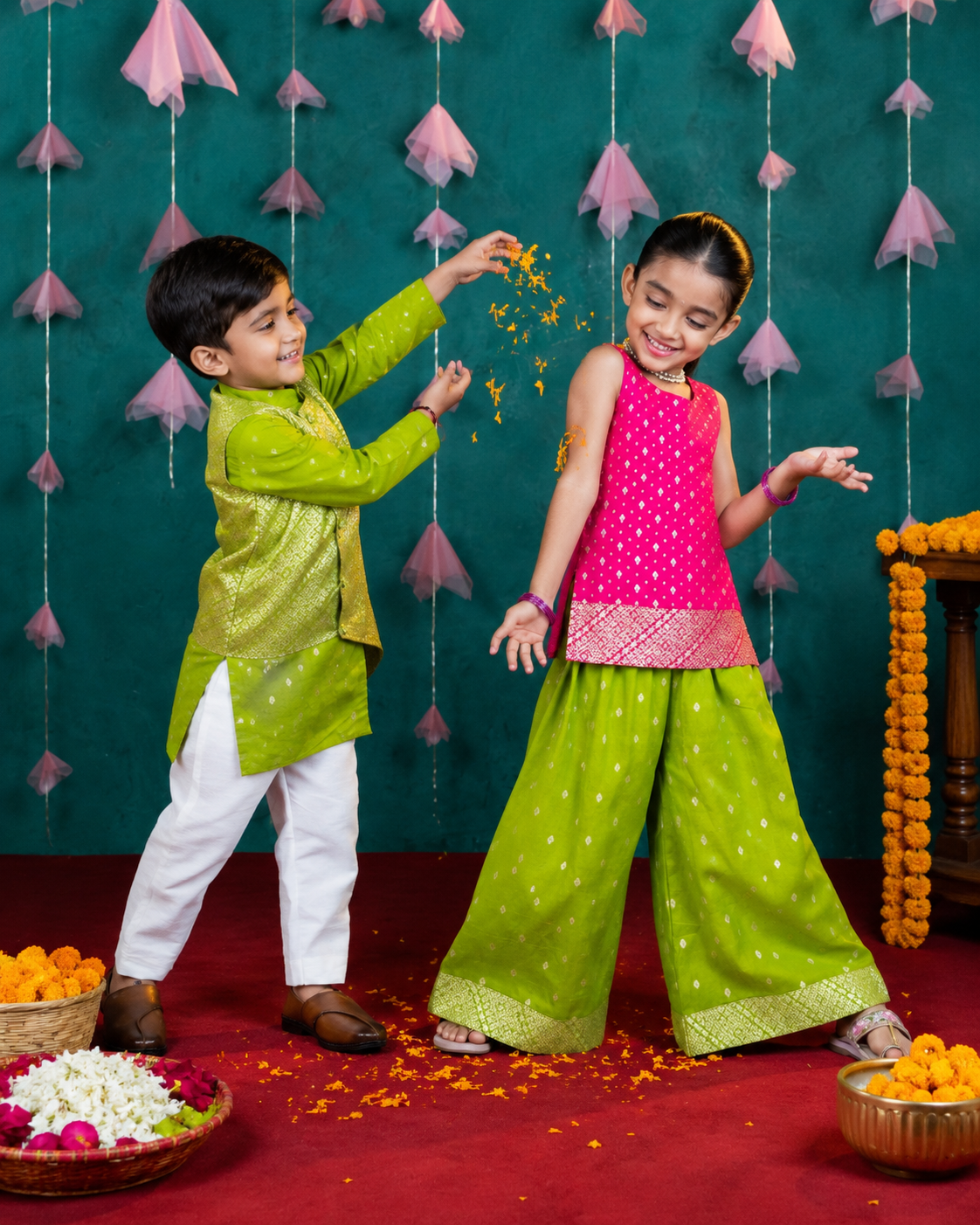 Kids Light Green Matching Kurta & Kurti Palazzo Set