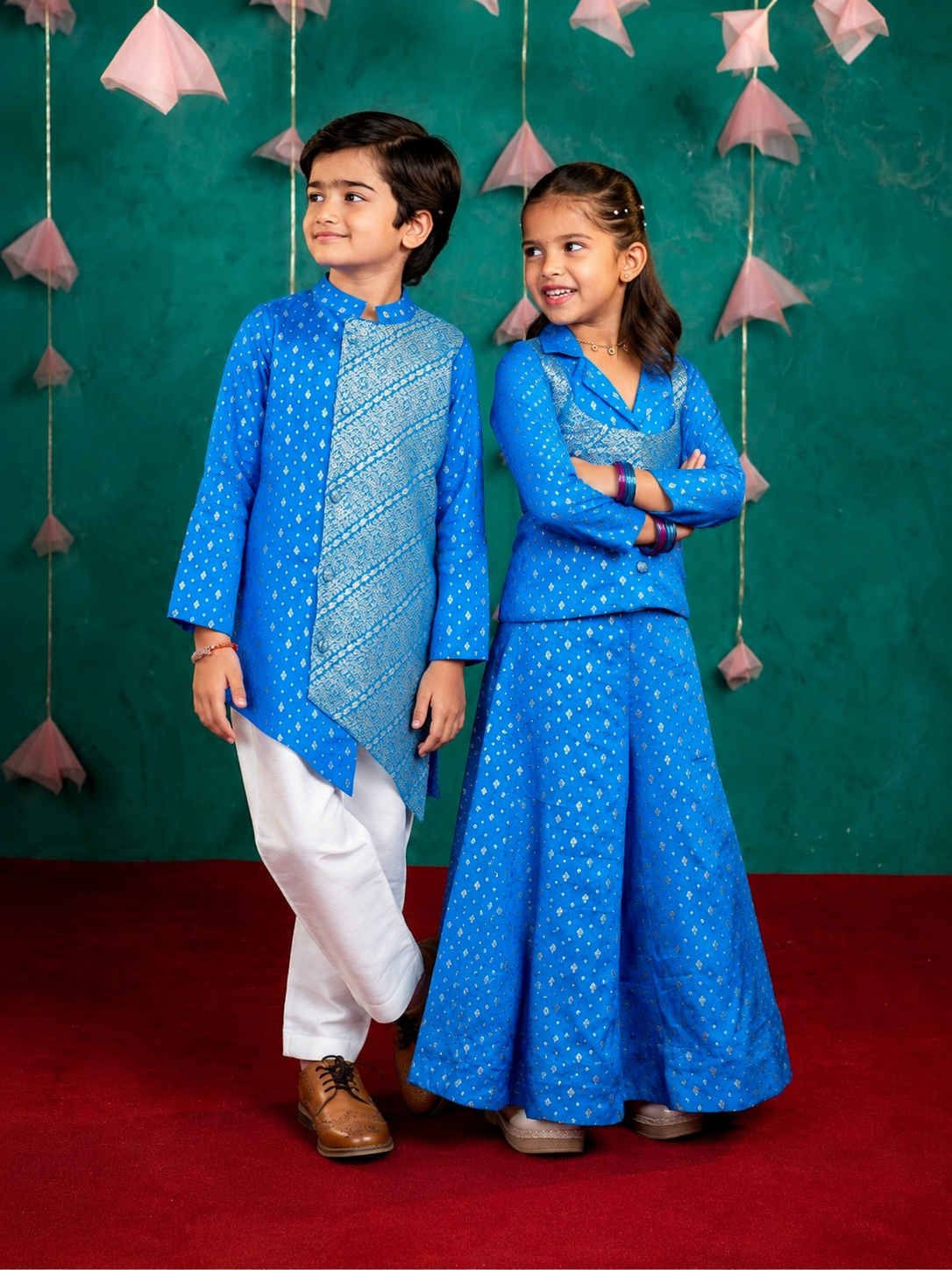 Midnight Blue Boys Kurta Pant & Girls Blazer Palazzo Sibling Set