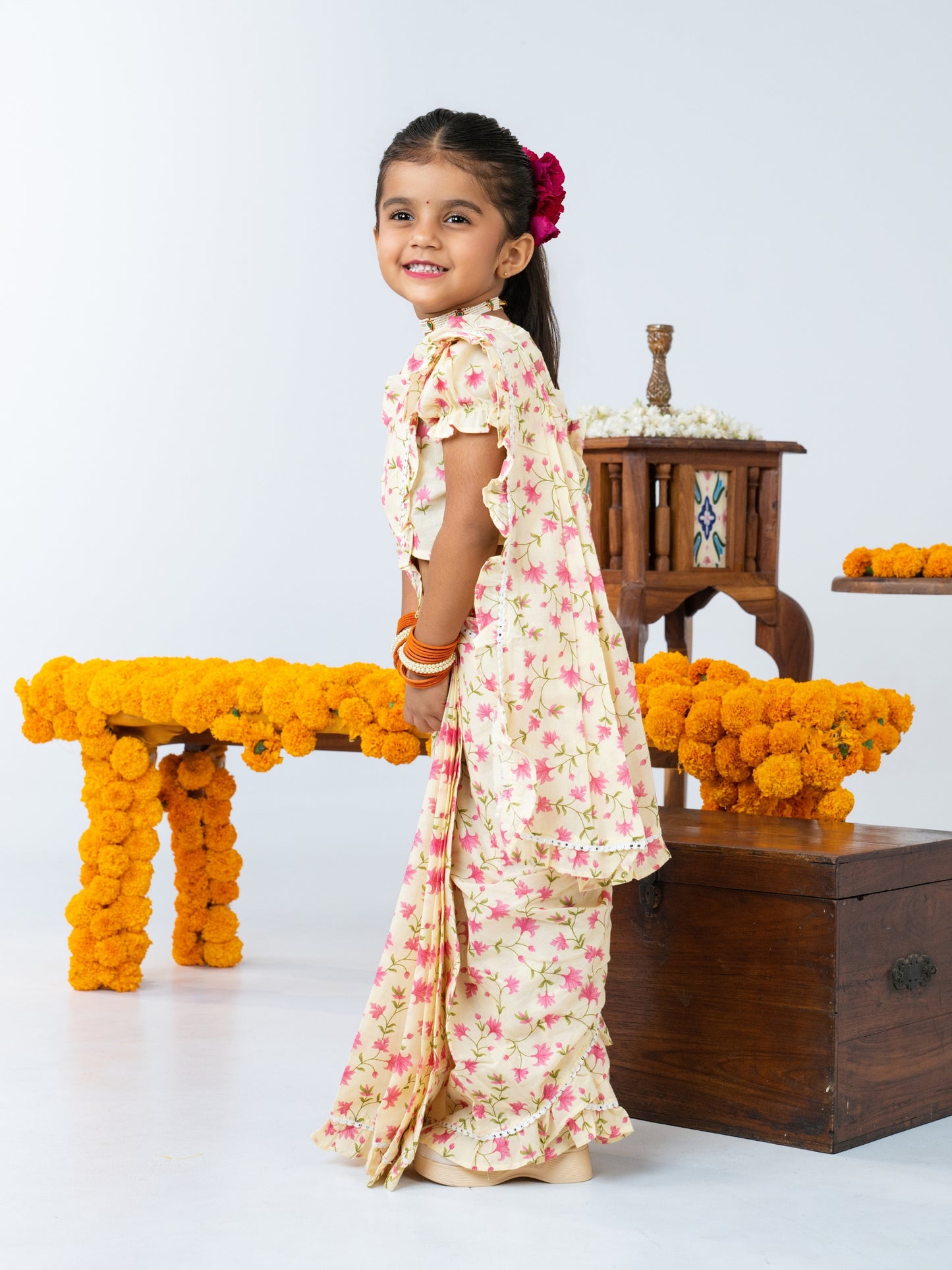 Off White Floral Pre-Stitched Cotton Saree for Girls