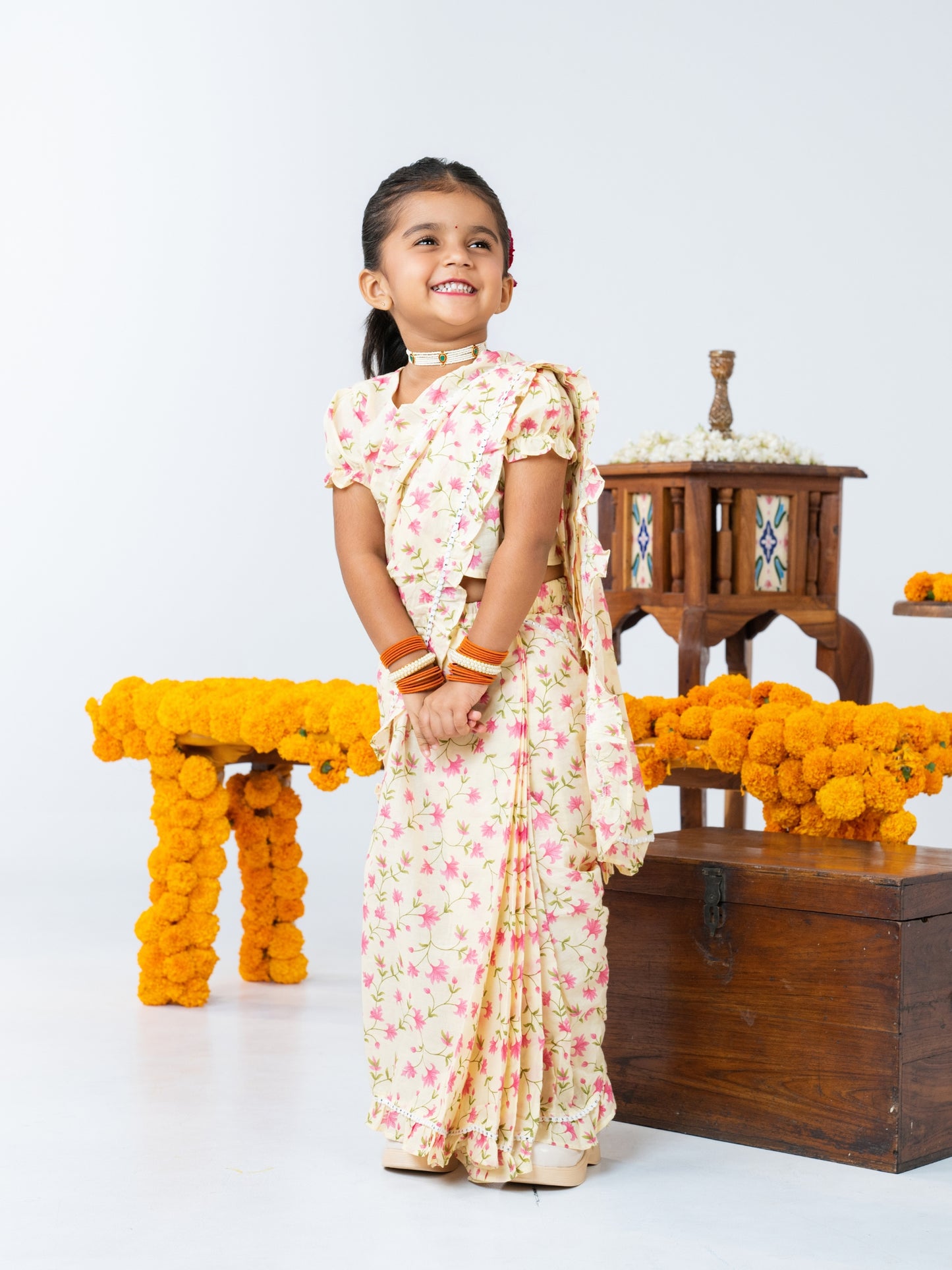 Off White Floral Pre-Stitched Cotton Saree for Girls