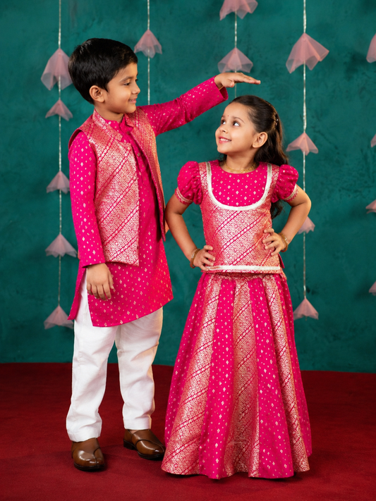 Pink Brother & Sister Matching Kurta & Lehenga Set