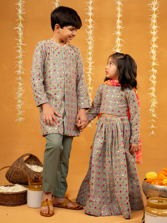 Pista Green Brother & Sister Festive Outfit Set