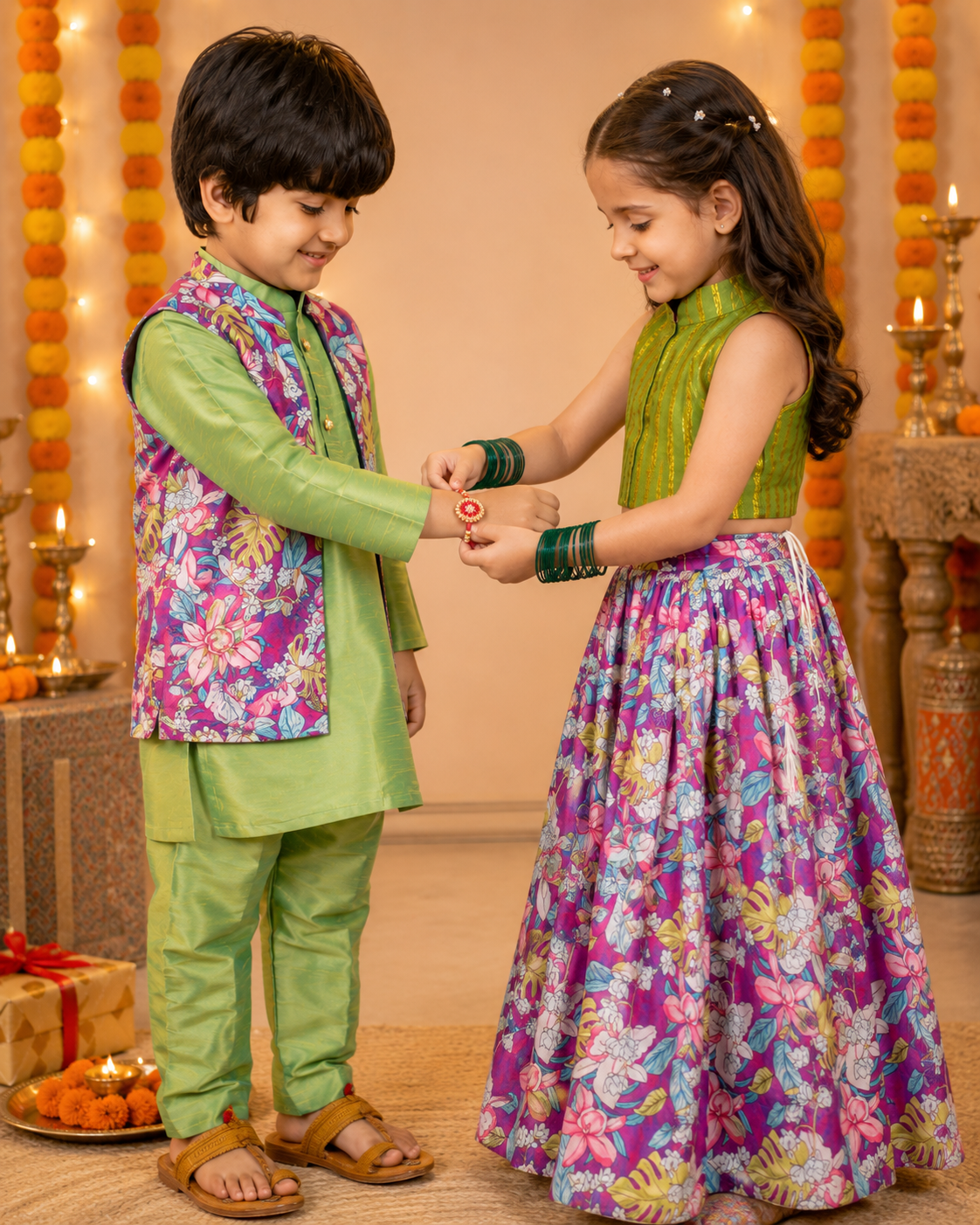 Premium Green Matching Kurta & Printed Lehenga Set for Kids