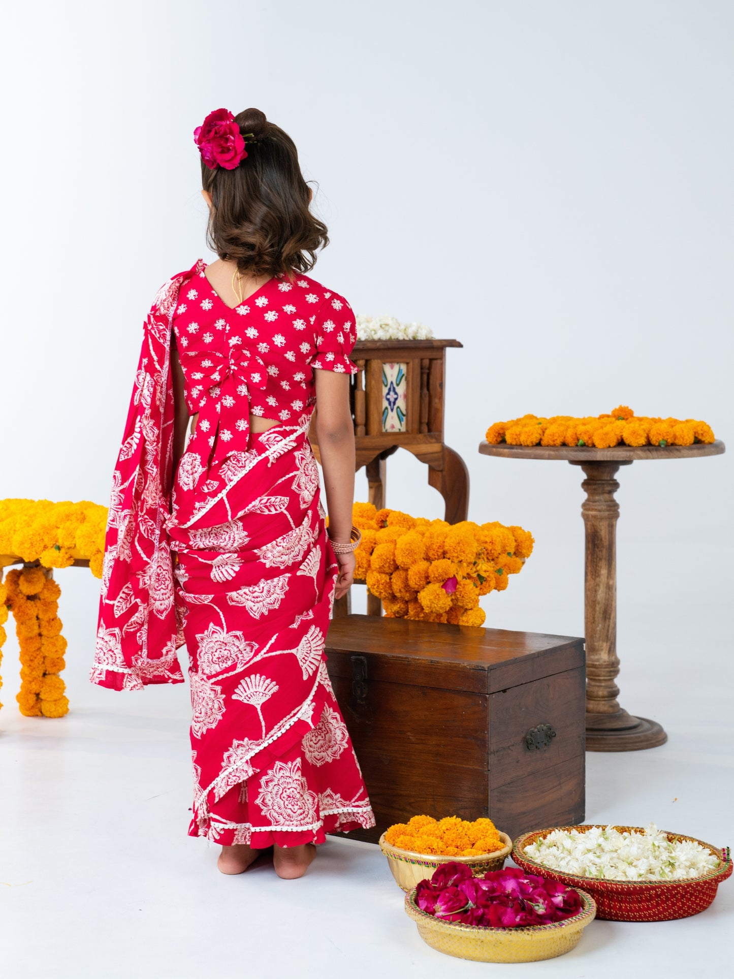 Red Floral Ready made Cotton Saree for Girls