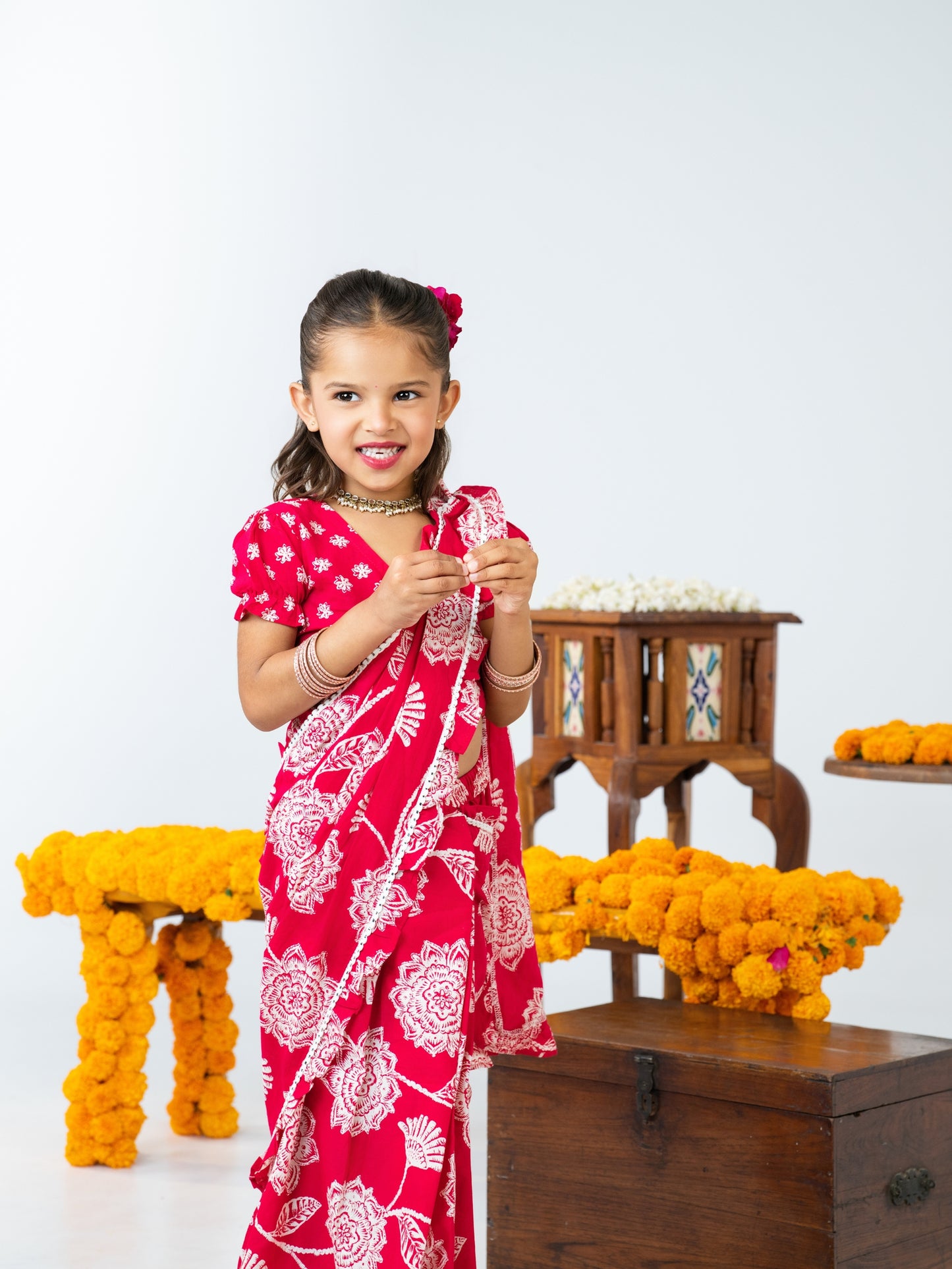 Red Floral Ready made Cotton Saree for Girls