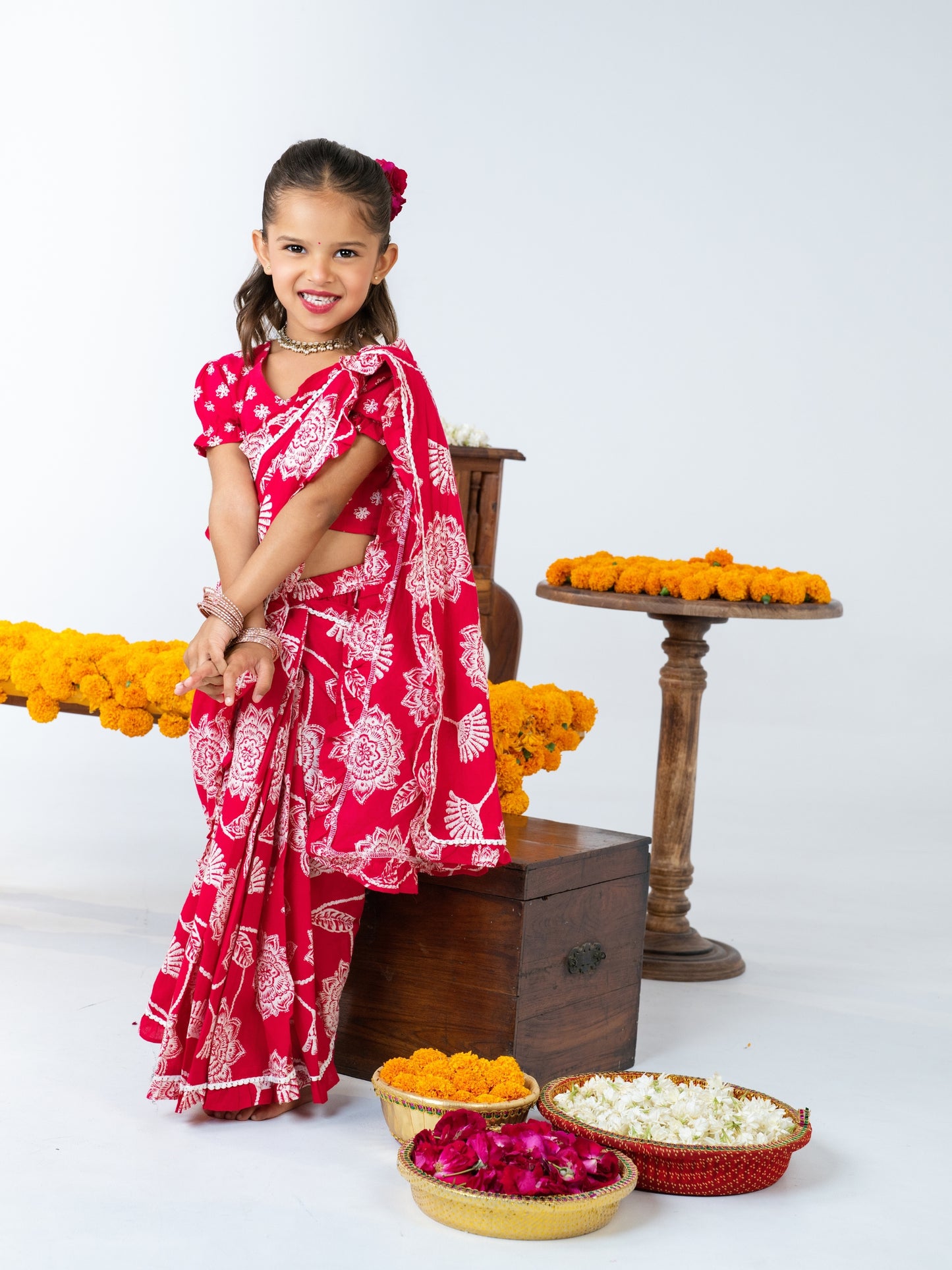 Red Floral Ready made Cotton Saree for Girls