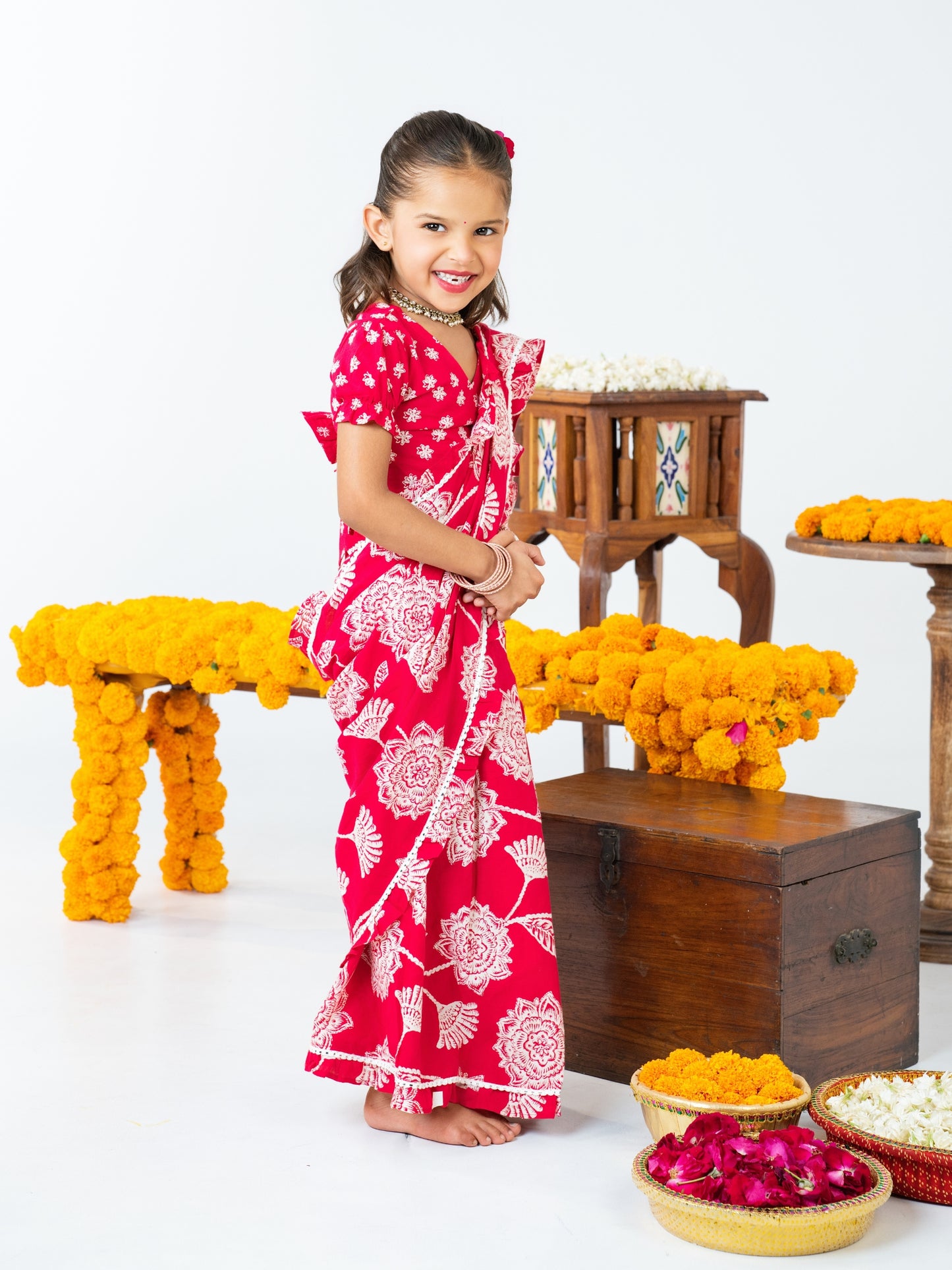 Red Floral Ready made Cotton Saree for Girls