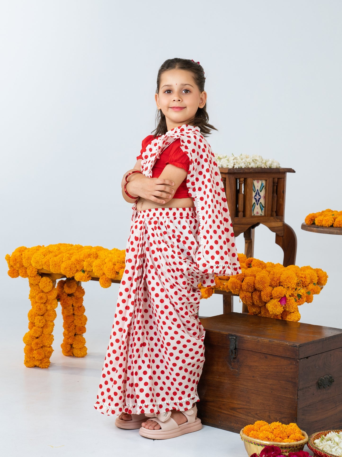 Red Polka Pre-Stitched Cotton Saree for Girls