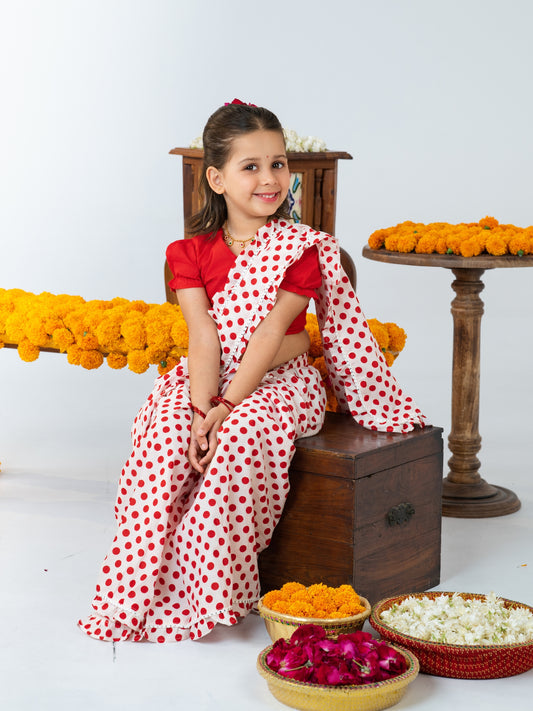 Red Polka Pre-Stitched Cotton Saree for Girls