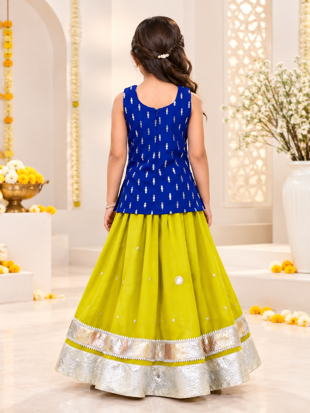 Royal Blue Sleeveless Kurti with Bright Green Lehenga for Girls (Set of 2)