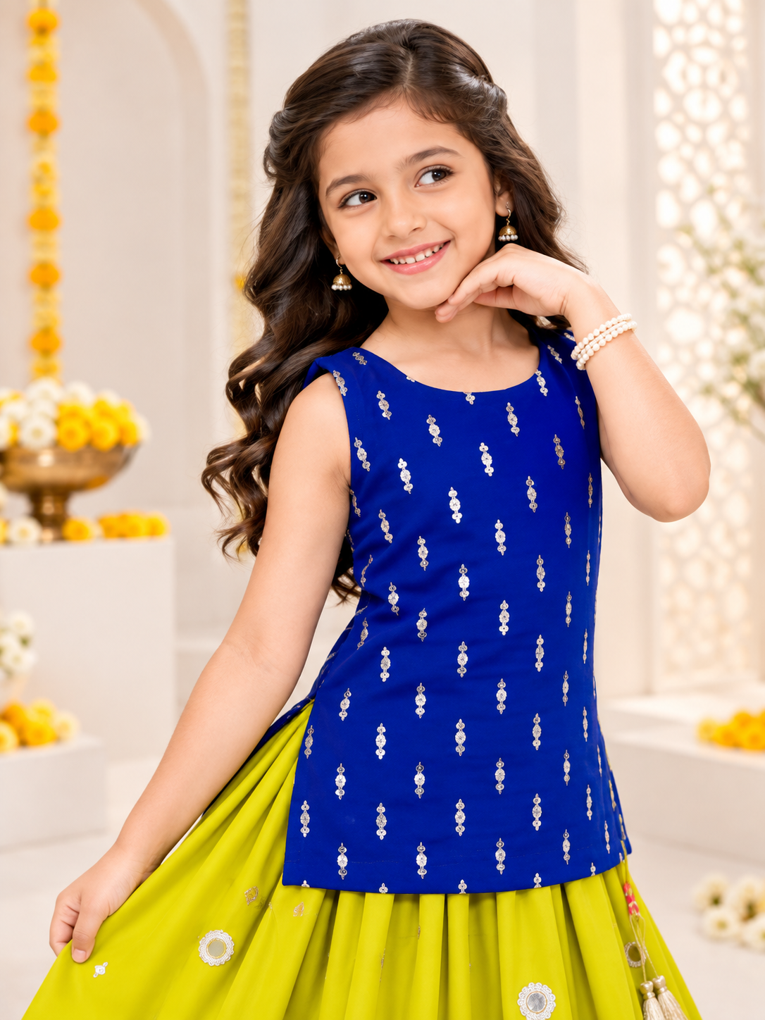 Royal Blue Sleeveless Kurti with Bright Green Lehenga for Girls (Set of 2)
