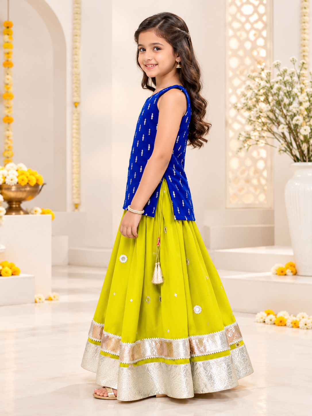 Royal Blue Sleeveless Kurti with Bright Green Lehenga for Girls (Set of 2)