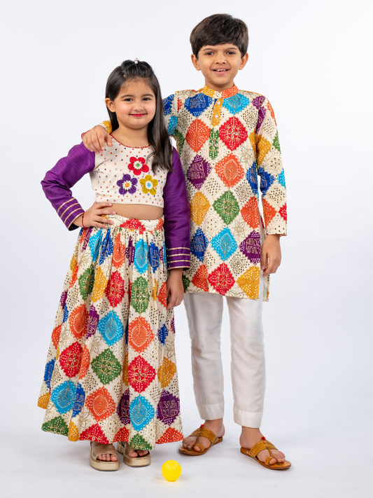 Vibrant Multi-Color Sibling Kurta & Lehenga Choli Set