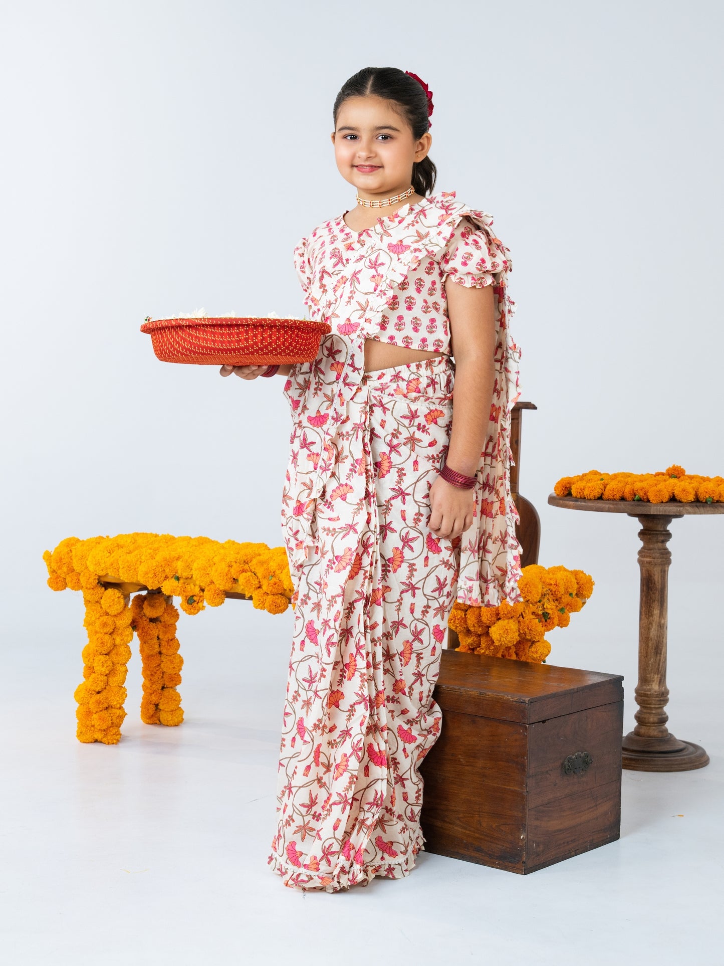 White Floral Pre-Stitched Cotton Saree for Girls