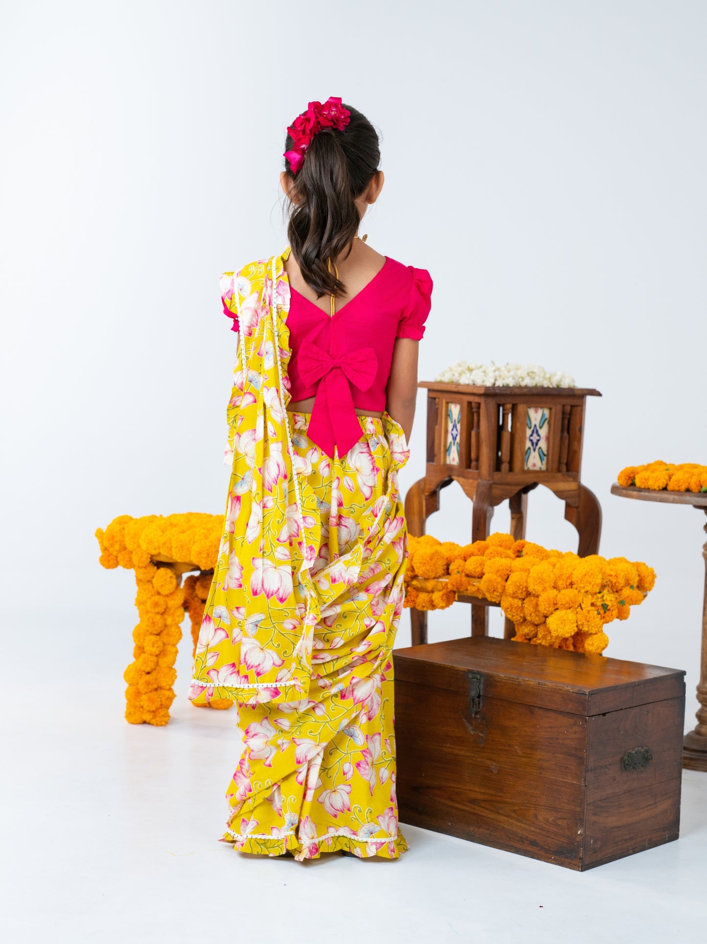 Yellow Floral Ready to Wear Cotton Saree for Girls
