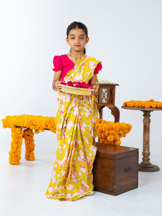 Yellow Floral Ready to Wear Cotton Saree for Girls