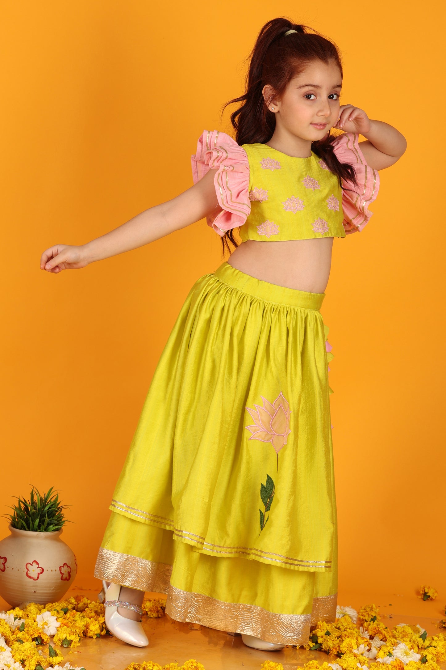 Jilmil Girls Lotus embroidered Neon Yellow silk Blouse with double layer lehenga (set of 2)