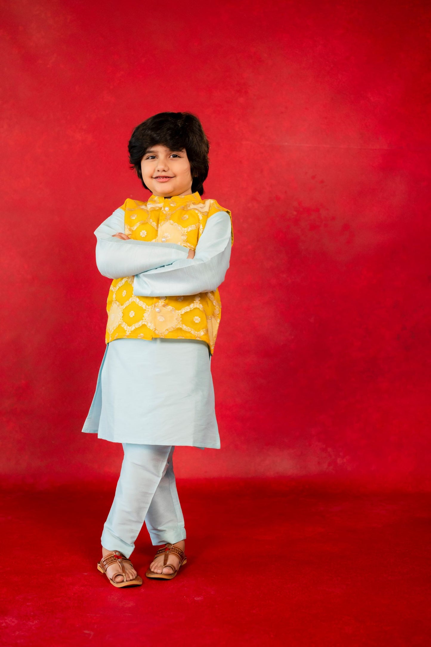 Boys Yellow Organza Jacket with Blue Kurta & Pant (Set of 3)