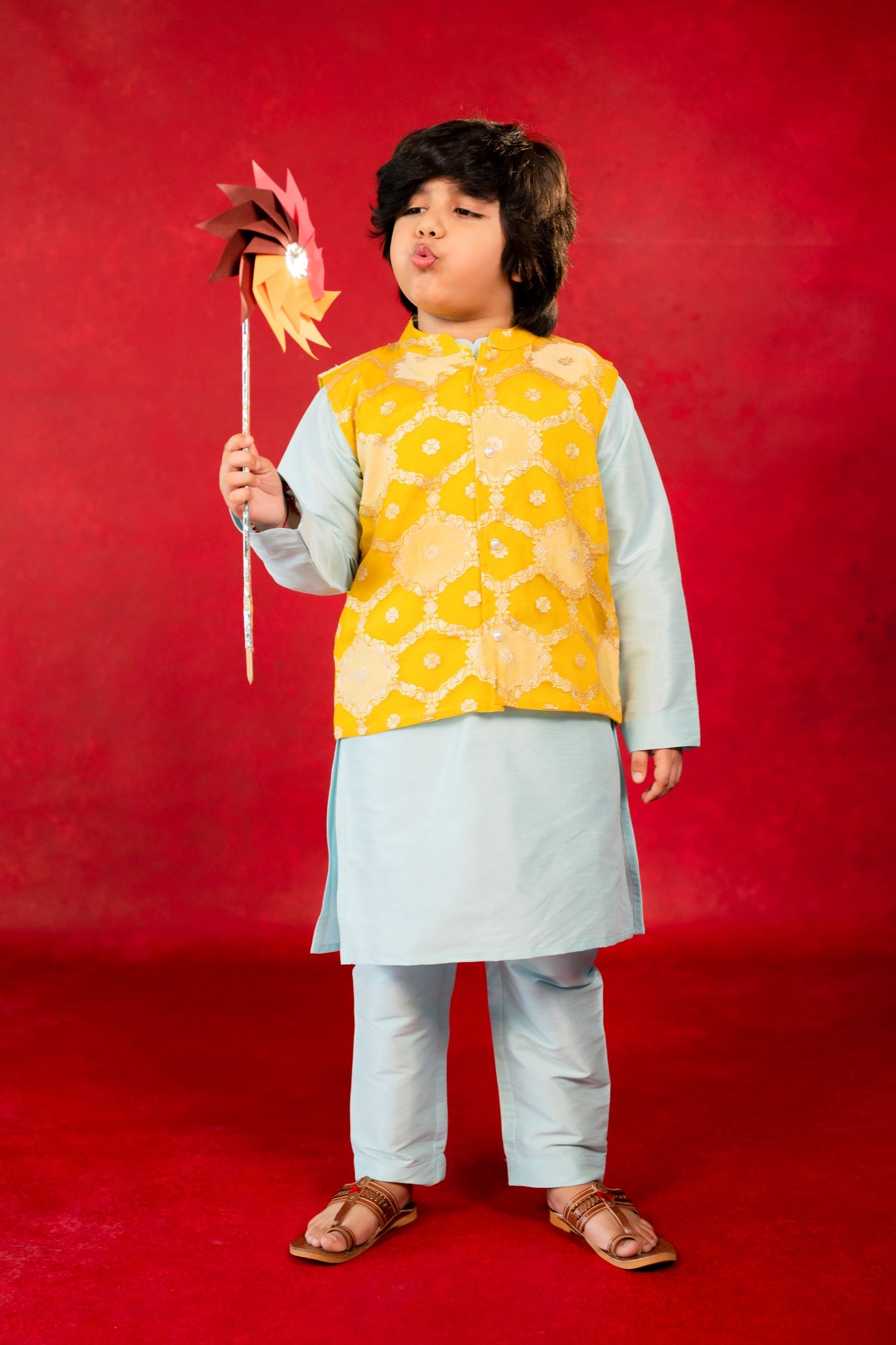 Boys Yellow Organza Jacket with Blue Kurta & Pant (Set of 3)