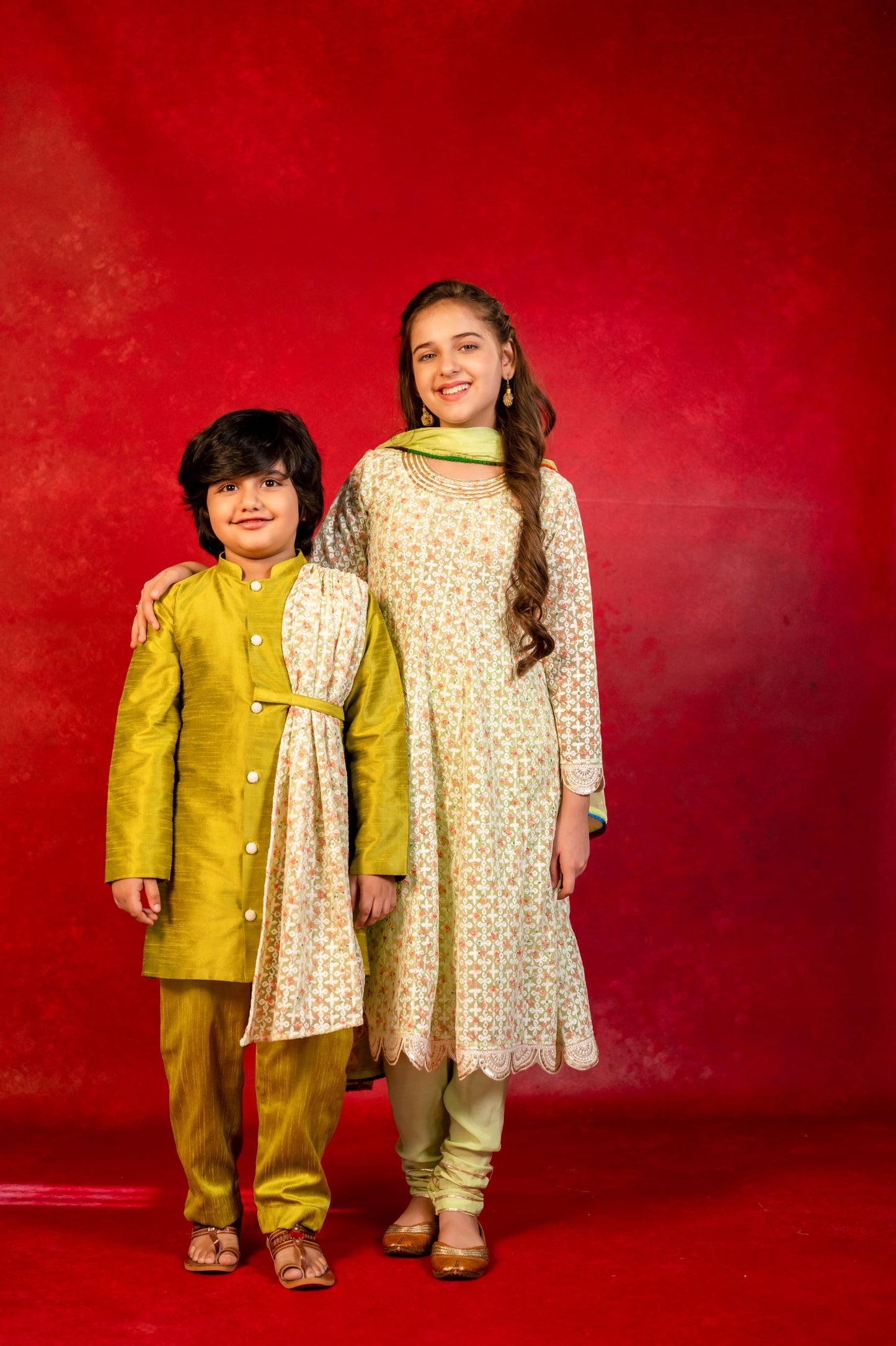 Boy Green Chikankari Drape Kurta with pant