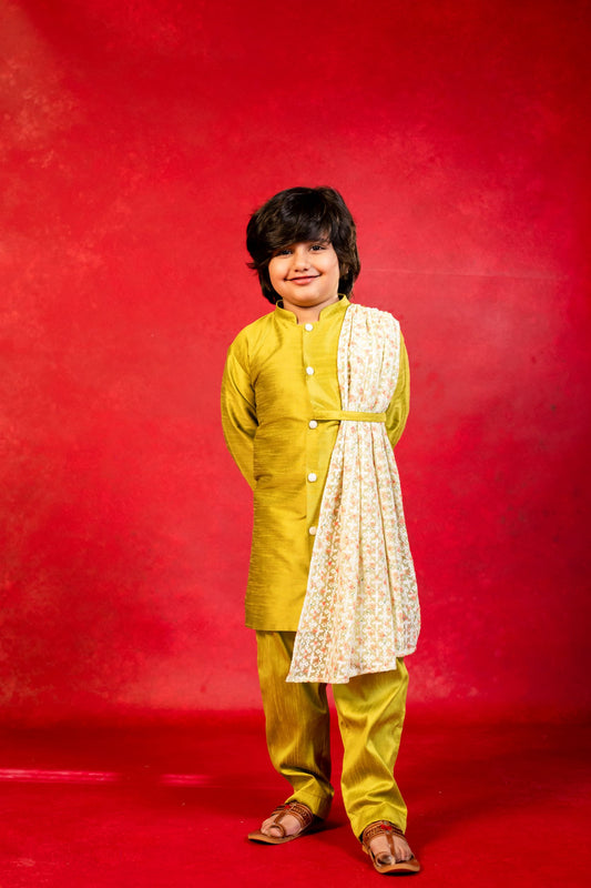 Boy Green Chikankari Drape Kurta with pant