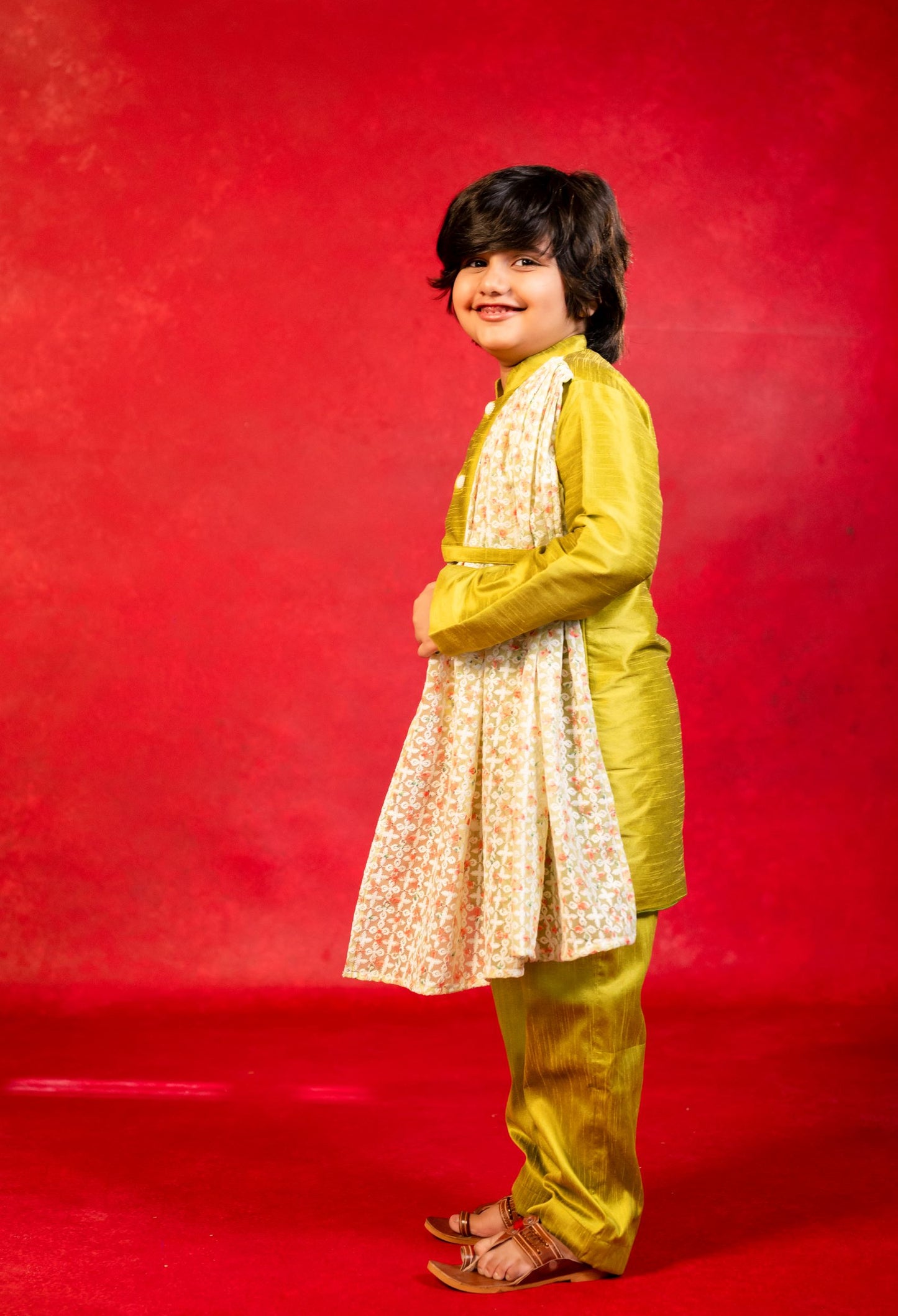 Boy Green Chikankari Drape Kurta with pant